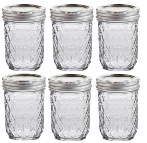 Quilted Crystal Design Regular Mouth Mason Jars Bundle with Lids and Bands - 6 Pack of 8oz Canning Jars for Storage & Display