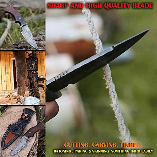 Handmade Damascus Knife For Hunting Skinning - 10 Inch Damascus Steel Hunting Knife With Sheath - Fixed Blade Camping Bushcraft Knife With Walnut Wood Handle #TOP3