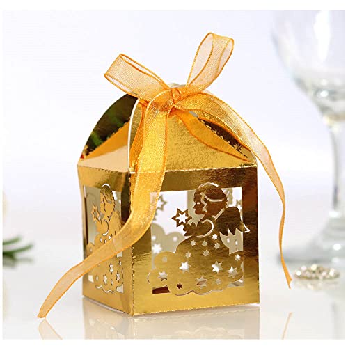 GIVBRO Lot de 50 boîtes à dragées en forme d'ange creux avec ruban pour décoration de fête Doré