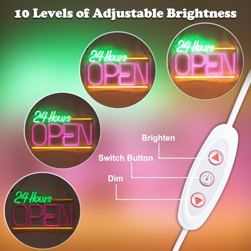 Image of Open Neon Signs for Business, 24 Hours Led Dimmable Neon Lights for Coffee Store Shop Bar Gas Station Convenience Hotel, Super Bright & Easy to Spot Open Lamp, Idea Decor for Window Room Wall