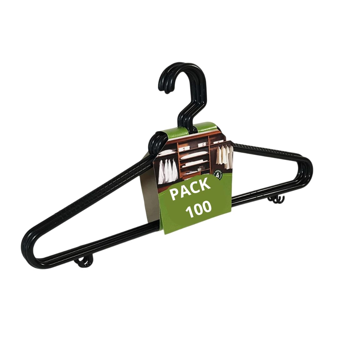 100X Perchas Plástico Antideslizantes con Revestimiento Goma - Perchas Resistentes Ahorra Espacio para Ropa - Perchas Multifuncionales Negro