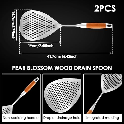 Image of 2 pcs 40 cm Stainless Steel Skimmer Spoon | 316 Grade Deep Fry Strainer with Wooden Handle | Heat Resistant Slotted Ladle for Frying, Cooking & Oil Draining
