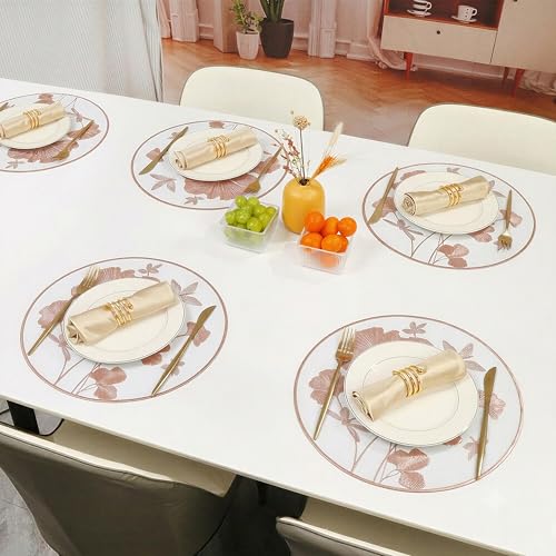 Image of Yellow Weaves 2 Pcs PVC Round Table Placemats, Dining Table Mat, Stain Resistant, Anti-Skid, Waterproof, Washable, Dining, Kitchen, Restaurant Table Set Easy to Clean, Durable (Leaf Rose Gold)