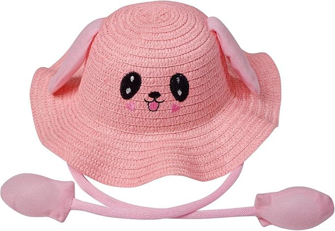 Image of FabSeasons Kids Cute Straw Sun Hat with Moving Ears (Ages 4-8 Years) | UV Protection, Wide Brim, Foldable, Beach Bucket Cap | Girls & Boys Breathable Summer Sun Hat with Inner Adjustable String