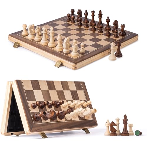 A&A Magnetisches Schach-Set aus Holz, 38,1 cm, klappbares Brett, 7,6 cm, Königshöhe Deutscher Ritter Staunton Schachfiguren/2 extra Königin/Brettspiele