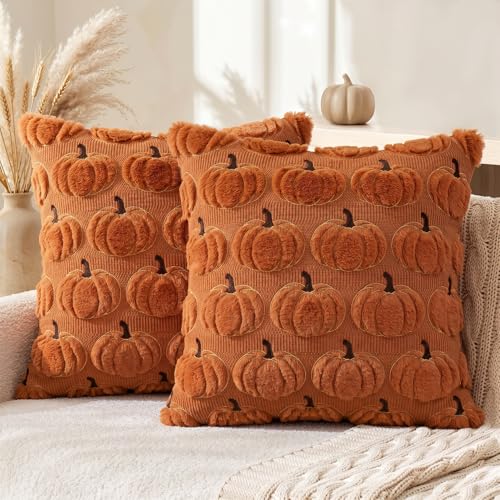 AVOIN colorlife Caramel Pumpkin Fall Embroidery Throw Pillow Covers 18 x 18 Inch Autumn Harvest Thanksgiving Soft Plush Faux Fur Jacquard Cushion Case Decoration for Sofa Couch Set of 2