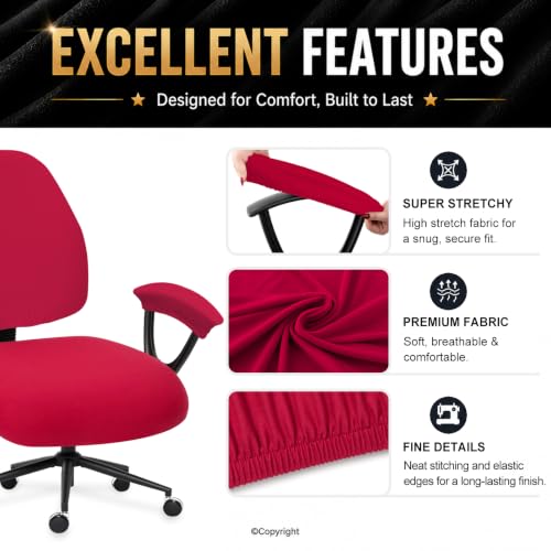 Image of Stretchable Office Chair Seat Covers - Universal Stretch Computer Chair Slipcover - 180GSM Washable Rotating Backrest Coverings & Cushion Protectors & Armrest Covers for Dogs, Cats, Pets, Red