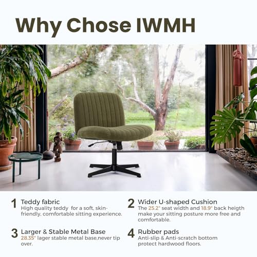 Image of IWMH Criss Cross Chair, Cross Legged Office Chairs no Wheels, Armless Wide Seat Desk Chair with Adjustable Height for Home, Vanity, Bedroom (Green)