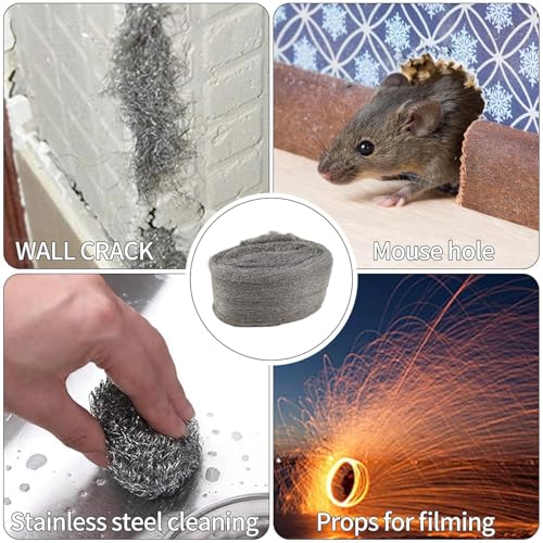 AHEJIOO 4 Rollen Mäuse 000 Stahlwolle, 12m Wirksam Stahlwolle Gegen Mäuse mit Arbeitshandschuhen Schere, für Löcher und Wand Risse von Haus, Garage, Garten und für Reinigen und Polieren