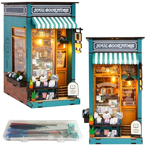 Book Nook DIY Kit for Teens and Adults, Miniature Booknook Dollhouse with LED, 3D Wooden Bookshelf Decor, Handmade Dioramas Bookend Craft Gifts for Birthday, Graduation, Halloween (Soul Bookstore)