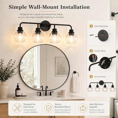 Image of DORESshop Bathroom Light Fixtures, 4-Light Black Vanity Lights Over Mirror, Wall Lamp Clear Glass for Living Room Decor Bedroom Porch Cabinet