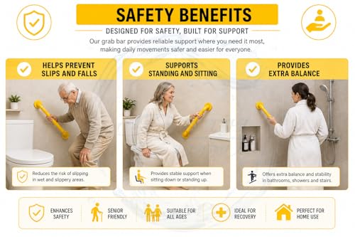 Image of BATH GURU Heavy Duty Anti-Slip Grab Bar for Bathroom & Toilet, Yellow Safety Handle with Stainless Steel Core, Wall Mounted Support Rail for Senior Citizens, Elderly, Shower & Staircase (15 Inch)