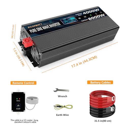 Image of 4000W Pure Sine Wave Power Inverter 12V DC to 110V /120V AC, 8000W Peak with Remote Control, 4 AC Outlets, Dual USB, LED Display, Heavy Duty Converter for RV, Truck, Solar System, Off-Grid & Emergency