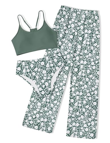Image of NECIOUS Girls Swimsuit Size 8-10 Cute Bikini Sets Kids Girls Bathing Suit Swim Green Floral Adjustable Strap 3 Piece Swimwear with Cover Up Pants
