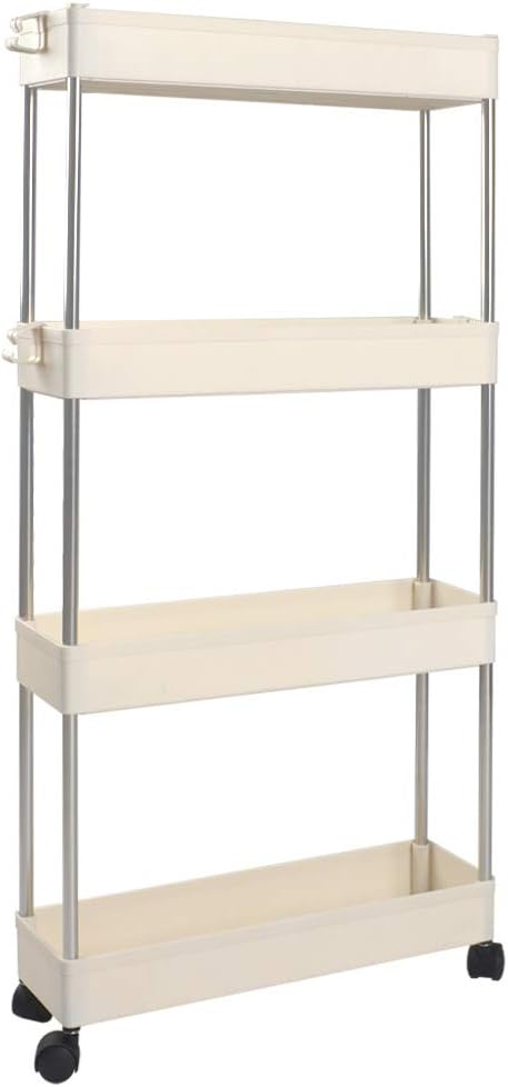 SOLEJAZZ Slim Storage Cart 4-Tier Slim Mobile Shelving Unit Rolling Bathroom Carts, Rolling Organizer Cart for Kitchen Bathroom Laundry Room Narrow Places(Beige)