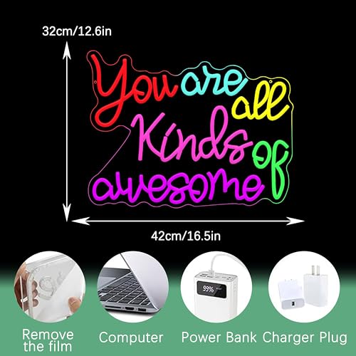 Image of You Are All Kinds Of Awesome Neon Sign Dimmable Inspirational Led Letter Light Sign for Classroom USB Powered Motivational Quote Neon Light for Dorm Bedroom Office Teen Girls Women