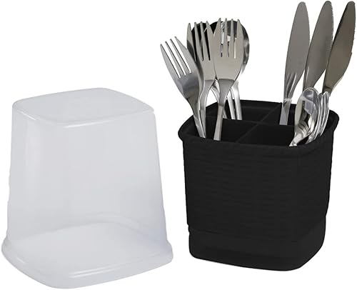 Soporte para cubiertos y utensilios cubiertos de ratán, organizador de plástico para cubiertos con tapa superior, perfecto para cocina, picnic,