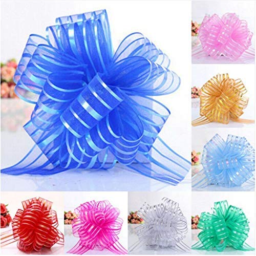 APOLLINE INDIA 10 pcs Blue Colour Pull Bow Organza Striped Ribbon String with 35'' Long Tulle Tails for Party Wedding Cars Birthday Decorating Gifts Bridal Gift Wrapping Christmas Bows Gift Bows 2