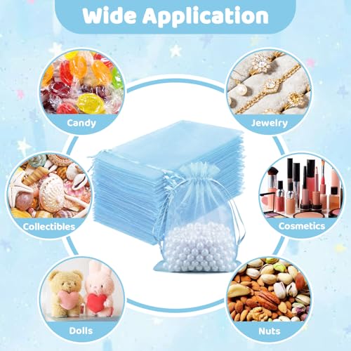 Image of FUNFERY 100Pcs Baby Blue Organza Bags 4x6 in,Small Mesh Drawstring Gift Bag | Little Jewelry Bags for Wedding Party Favors, Mini Drawstring Pouch for Sachet, Candy, Goodie, Treat Bag for Easter Day