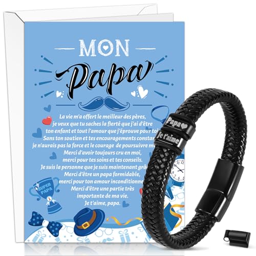 DPKOW - DPKOW Fete des Peres Cadeau Papa Carte avec Enveloppe Je t'aime Papa Bracelet Cuir Homme Cadeau Papa Noël Anniversaire Cadeau Grand Pere Beau Bracelet Carte Fête des Pères