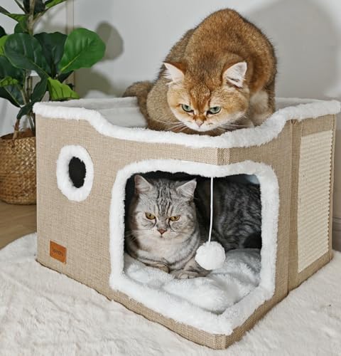 Spindro Large Cat Bed for Indoor Cats, Foldable Adult Cat Cave Anti Anxiety Cat House Cube with Scratch Pad Cat Towers, Cute Kitten Condo Hideaway Hut with Soft Pillow Mat for 2 Pets Under 30 lbs Kaki