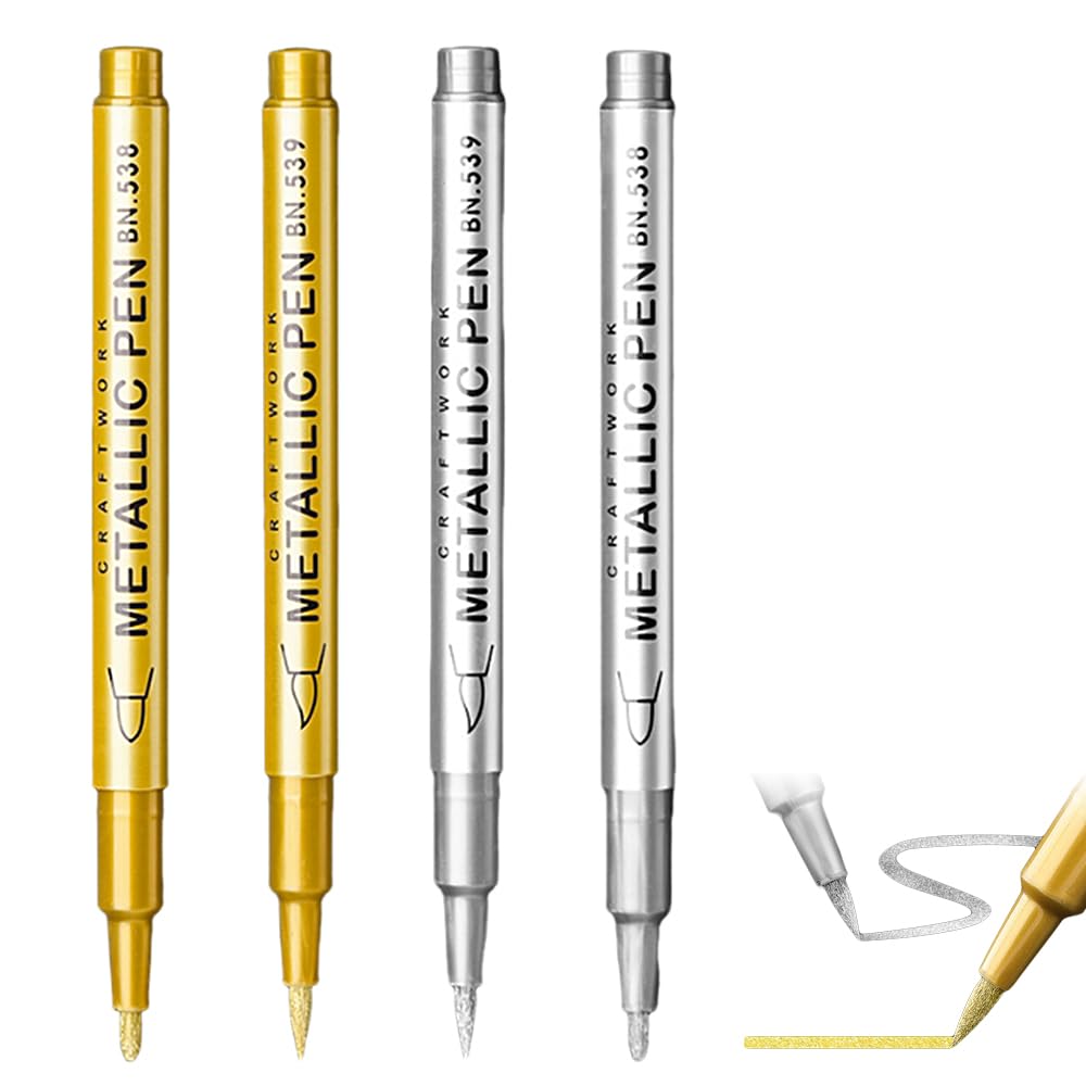 Renjzle ゴールドメッキ補修ペン 4本セット 1.5mm 1-5mm 耐水・速乾・耐摩耗 水性アクリル 金属・ガラス・模型・タイヤ用 メタリック光沢 鏡面効果