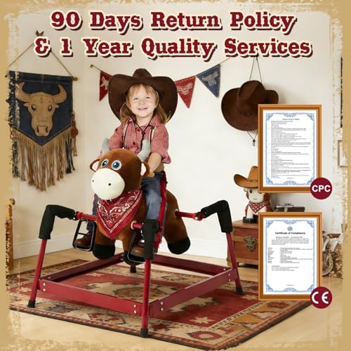 Image of FUNLIO Bull Spring Rocking Horse for Kids 3-6, Wild Ride on Horse with Covered Spring & Sturdy Frame, Neighing & Galloping Sound for Pretend Play, Spring Horse Toys Gift, CPC & CE Certified