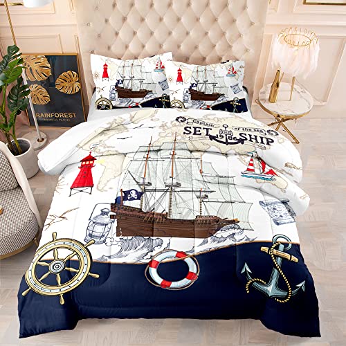 DYcolor 3D Nautical Sailing Ship Bedding Quilt, 3-Piece Blue Ocean Navigation Skull Pirate Ship Comforter Set with 1 Comforter and 2 Pillow Cases for Kids, Girls, Teens, Adults (02, Twin)