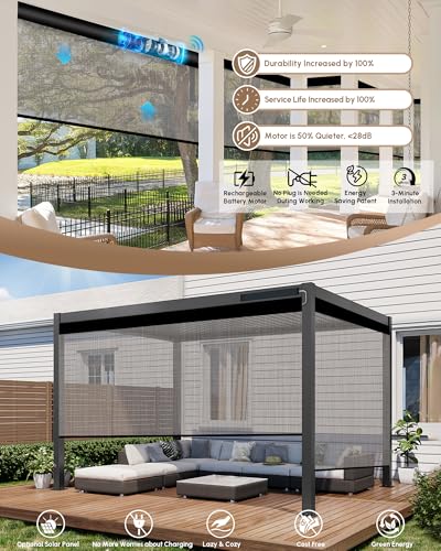 Image of Kincmo Motorized Outdoor Shades for Patio Porch, Custom Outdoor Motorized Blinds with Remote, Waterproof & Windproof Patio Shades Work with Apple Home,Alexa,Google (Texture White Grey-5% Openness)