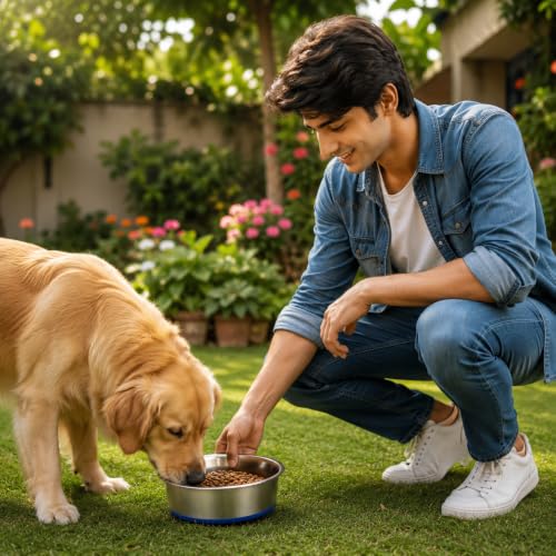 Image of Stainless Steel Dog Bowl with Non-Slip Silicone Base | Food & Water Bowl for Dogs & Puppies | Rust-Resistant, Heavy Duty, Easy to Clean, Anti-Skid Pet Feeding Bowl | Silver & Blue (1 Piece) (2800)