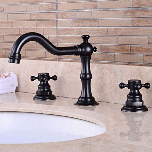 Grifo mezclador de 3 hoyos para baño, grifería retro de latón cepillado y doble mando 1