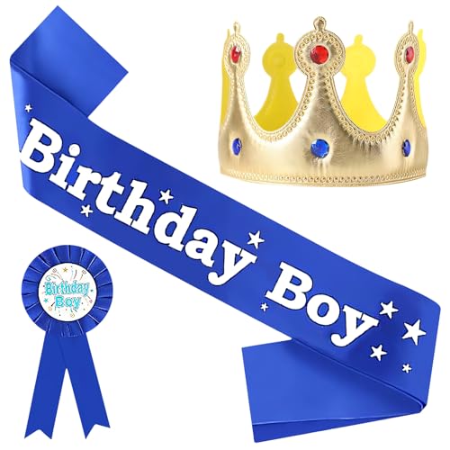 Hnnyyie 3 Pieces Crown, Sash and Pin Set for Boys Birthday Party Decorations and Accessories