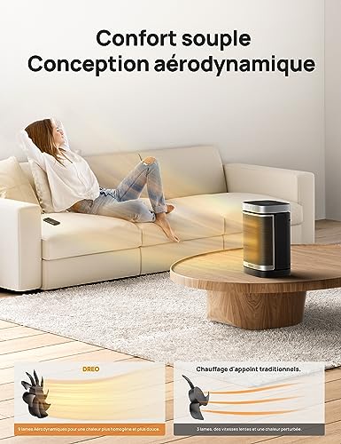 dreo chauffage d'appoint atom one, oscillant sur 70°, Électrique, radiateur céramique ptc avec thermostat, minuterie 1 12 h, télécommande, protection anti surchauffe et anti basculement, mode eco