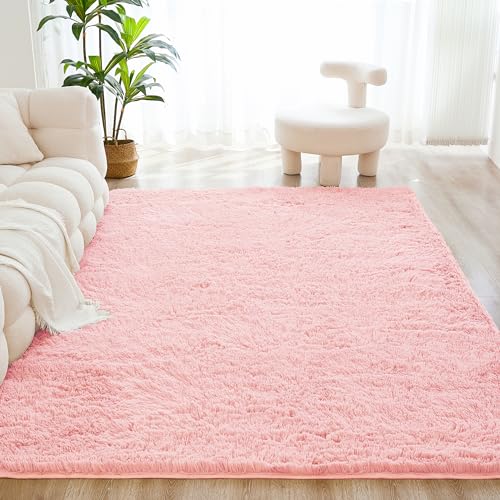 Image of Litanika 6x9 Shag Area Rug for Living Room Bedroom, Pink High Pile Soft Plush Shaggy Furry Cute Bedside Playroom Dorm Carpet, Non-Slip, Non-Shedding Modern Indoor Floor Rug