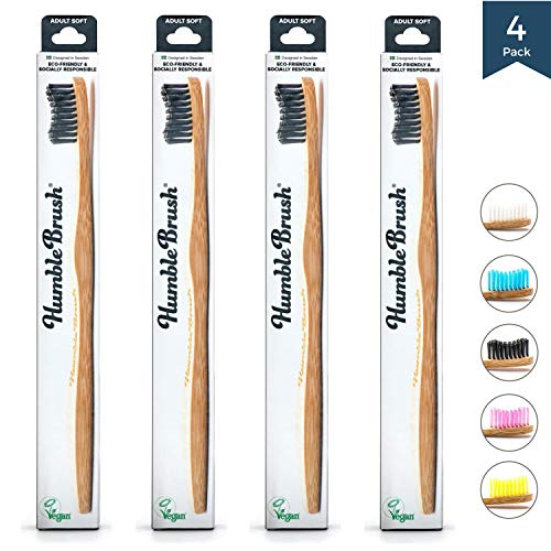 Humble Brush Cepillo de dientes de bambú para adultos, suave, negro, 4 unidades