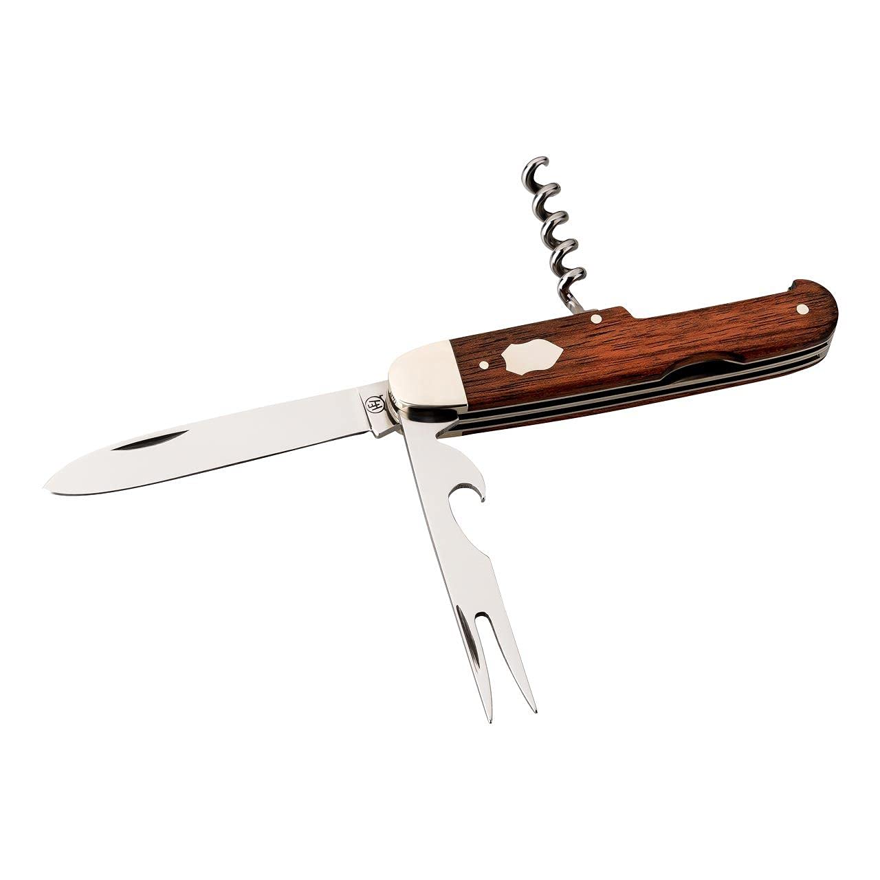Hartkopf Taschenmesser Klappmesser 3-teiliges mit Messer & Gabel, rostfreier Stahl 1.4034, Rotholz-Griffschalen, Neusilberbacken