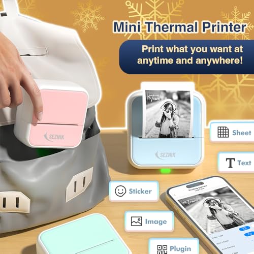Image of SEZNIK Mini Printer, Inkless, Bluetooth, Portable Printer, Compatible with Android, iOS Mobile. 1 Year Warranty (MiniX-Blue-Gift)