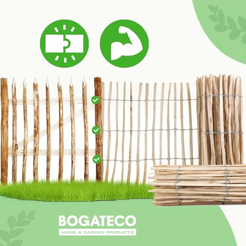 BOGATECO Staketenzaun Haselnuss Kastanie | Holz-Zaun 80 cm Hoch & 500 cm Lang | Lattennabstand 4-5 cm | Perfekt als Gartenzaun | Zaun Garten Steckzaun Holzzaun | Langlebige