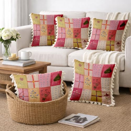 Image of STITCHNEST 'Little Meadow Series' Tassled Cushion Cover | Set of 5 | Floral Cushion Cover 16 inch x 16 inch