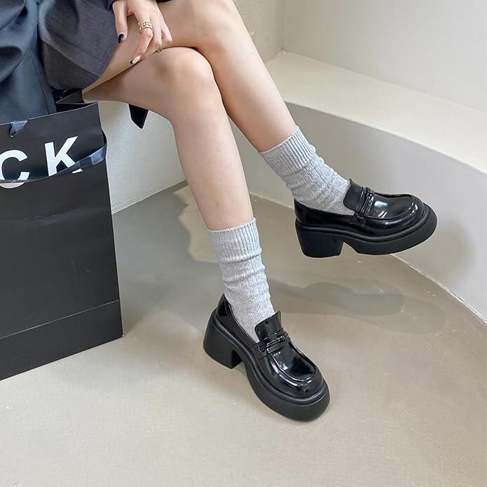 Image of Platform Oxfords Shoes for Women,Chunky Heel Work Shoes Comfort Black Loafers Shoes,shine black 7.5, Grey