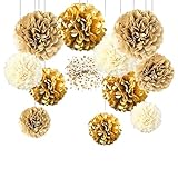 Lot de 12 Pompons Papier Fleur Doré Beige Blanc, decoration anniversaire Suspendue Bohème Chic, deco anniversaire Mariage Baptême Baby Shower Décoration Plafond Salle Fête