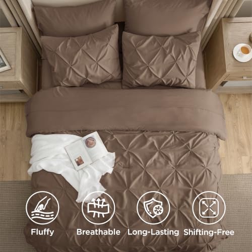 Image of Bedsure Queen Comforter Set Brown - Bed in a Bag Queen Size Bedding 7 Pieces, GentleSoft Pintuck Bed Set Gift for Family, All Season Down Alternative Comforter with Sheets, Pillowcases & Shams