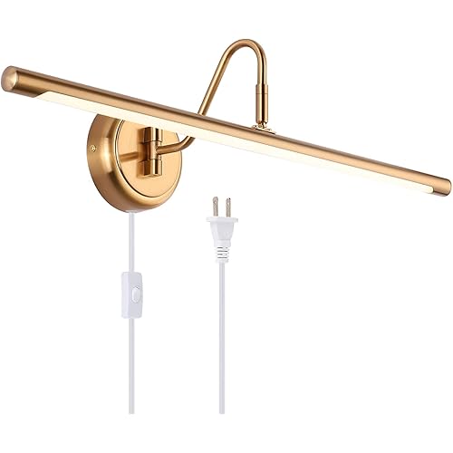 Modern LED Picture Lights Metal Artwork Display Lighting Fixtures 24.4" Inch 14W Plug in Play Lamp Hardwired 4000K Natural White CRI80+ Single Swing Arm 880Lm Brass Gold Finish