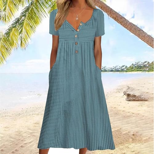 Image of Women's Casual V Neck Midi Tshirt Dress Boho 2025 Summer Short Sleeve Beach Dresses with Pockets