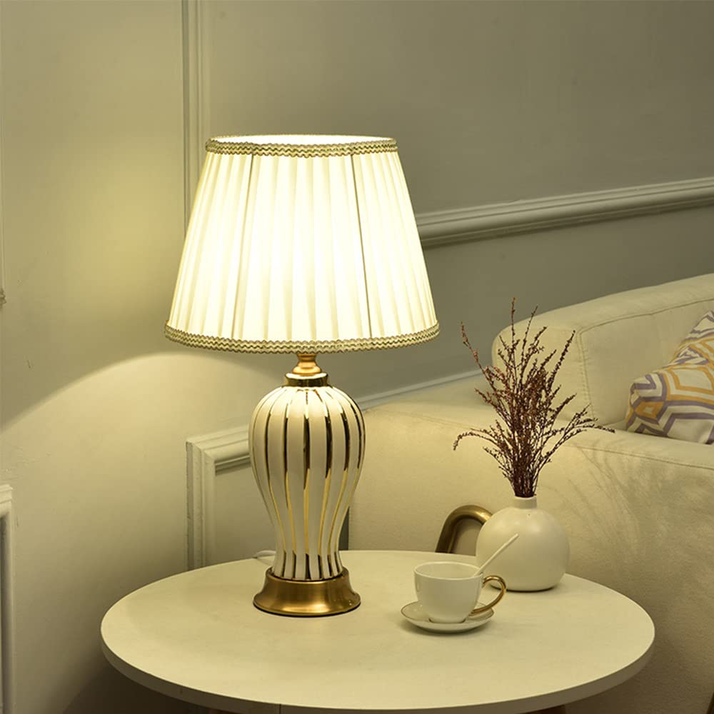 Mengjay Keramik Tischlampe Tischleuchte Nachttischlampe,Nachttisch Lichtdekoration aus Stoff Lampenschirm Tischleuchte für Wohnzimmer Schlafzimmer Leselampe (Weiß)
