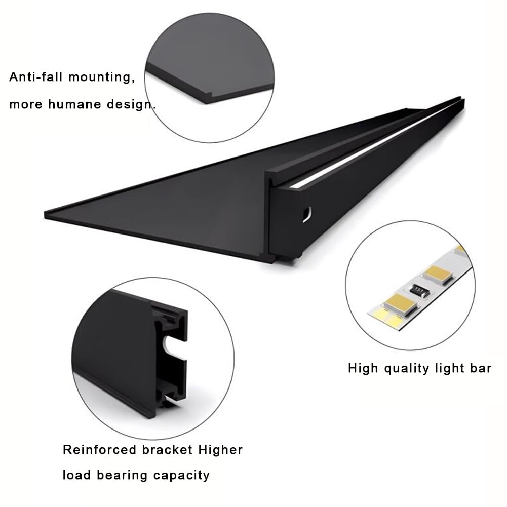 Półki Wiszące Led Montowane Na Ścianie, Podświetlana Aluminiowa Półka Ekspozycyjna Do Biura, Kuchni, Regału Na Książki – 80 X 20 X 6 Cm, Czarne, 1 Szt., Nowoczesne Rozwiązanie Do Przechowywania, Czar