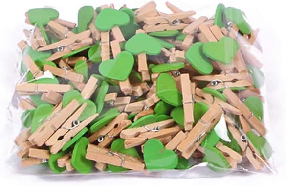 LANGUGU 100 Pcs Mini Wooden Pegs Clips Heart Design Clip Photo Holders Clothespins Kids Crafts Picture Holder Photo Paper Card Peg Pin Craft Clips (Green)