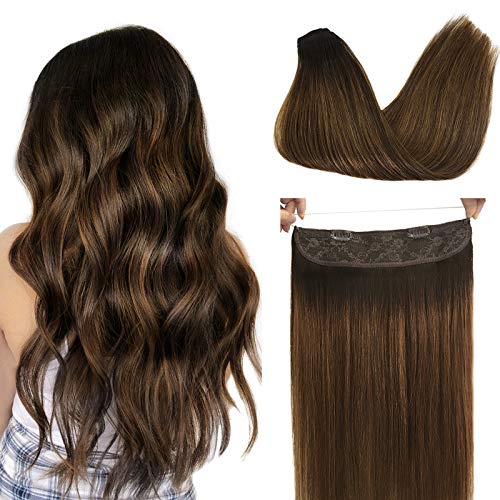 DOORES Human Hair Extensions Halo Hair Ombre Dark Brown Mixed Chestnut Brown 18 Inch 80g Real Hair Extensions Flip in Straight Hidden Crown Wire Hair Extensions with Transparent Fish Line Hairpiece