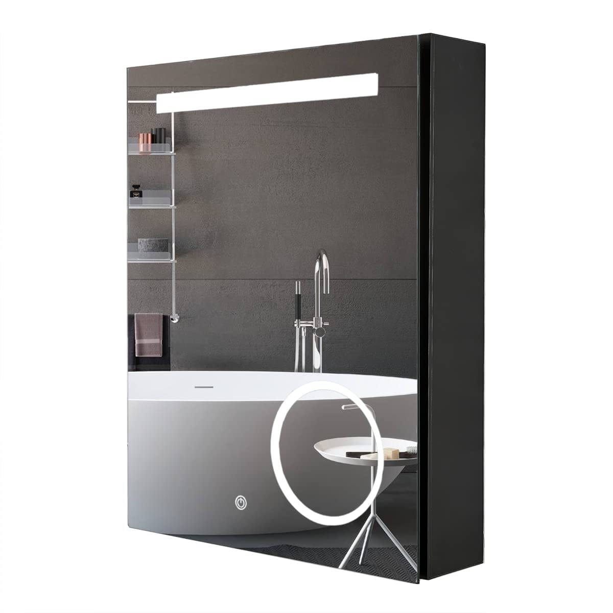 Plumbsys Armario Espejo Baño Negro con LED Luz Lupa de 3 aumentos, Regulable, Espejo de Maquillaje, Estante, Indicación de la Hora y la Temperatura