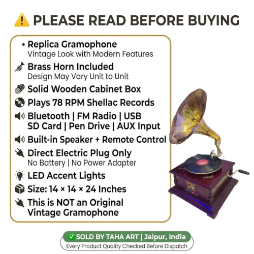 Image of Gramophone with Bluetooth, FM, USB, Memory Card, 78 RPM Record Player - Multi-Functional Retro Music Player & Elegant Home /Office Decor by TAHA Art